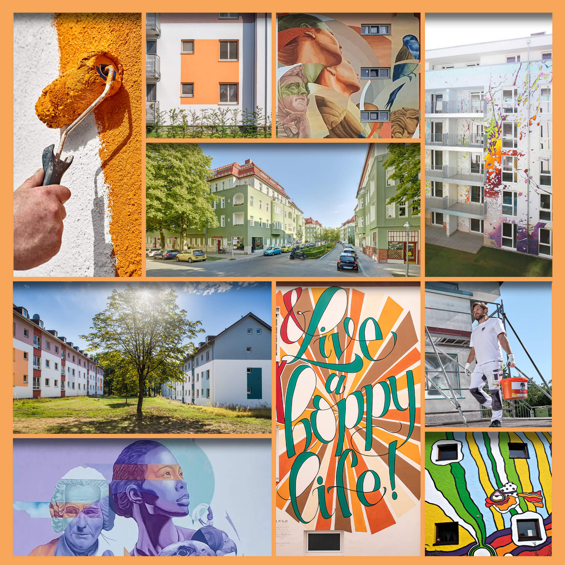 Colorful collage with ten different painting schemed images and orange background